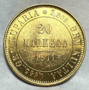 20 Марок 1911 рік для Фінляндії.